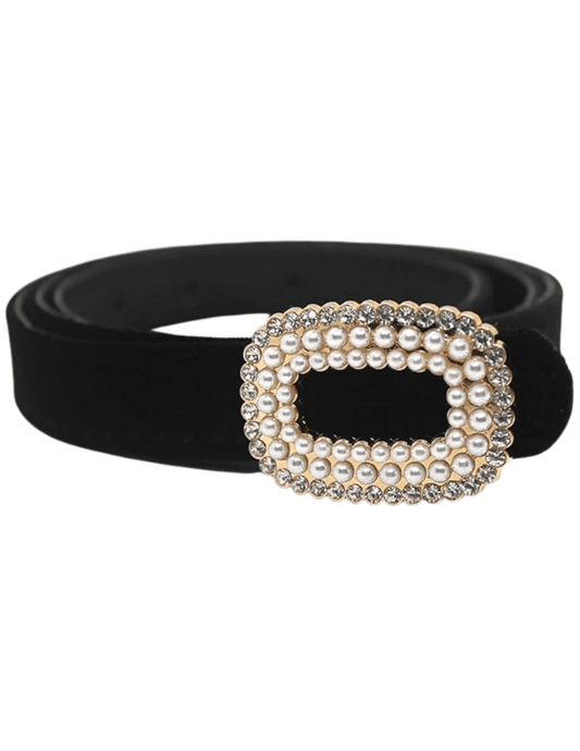 Fleur de Camélia Bella velvet embellished belt in black with pearl and rhinestone buckle