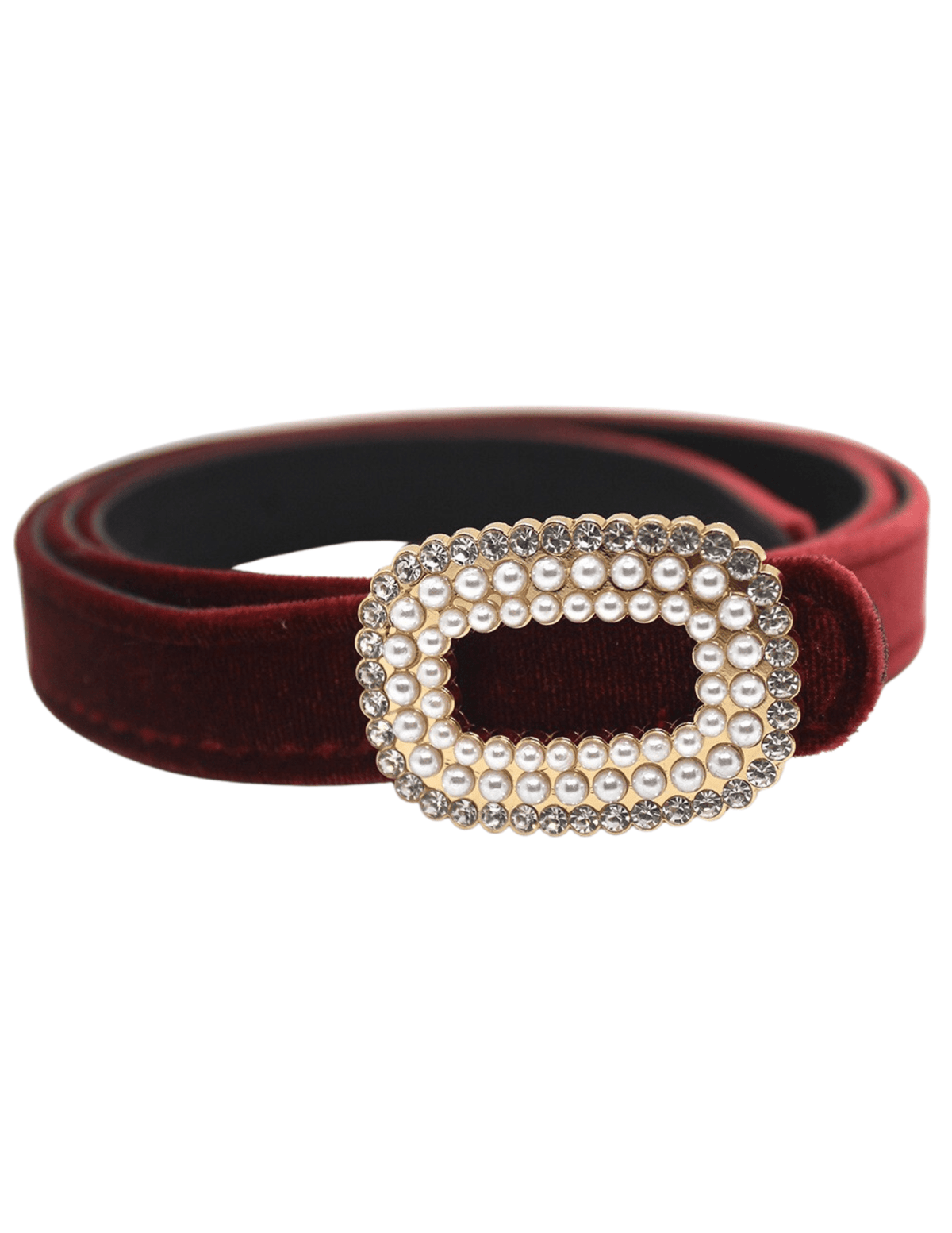 Fleur de Camélia Bella velvet embellished belt in burgundy with pearl and rhinestone buckle
