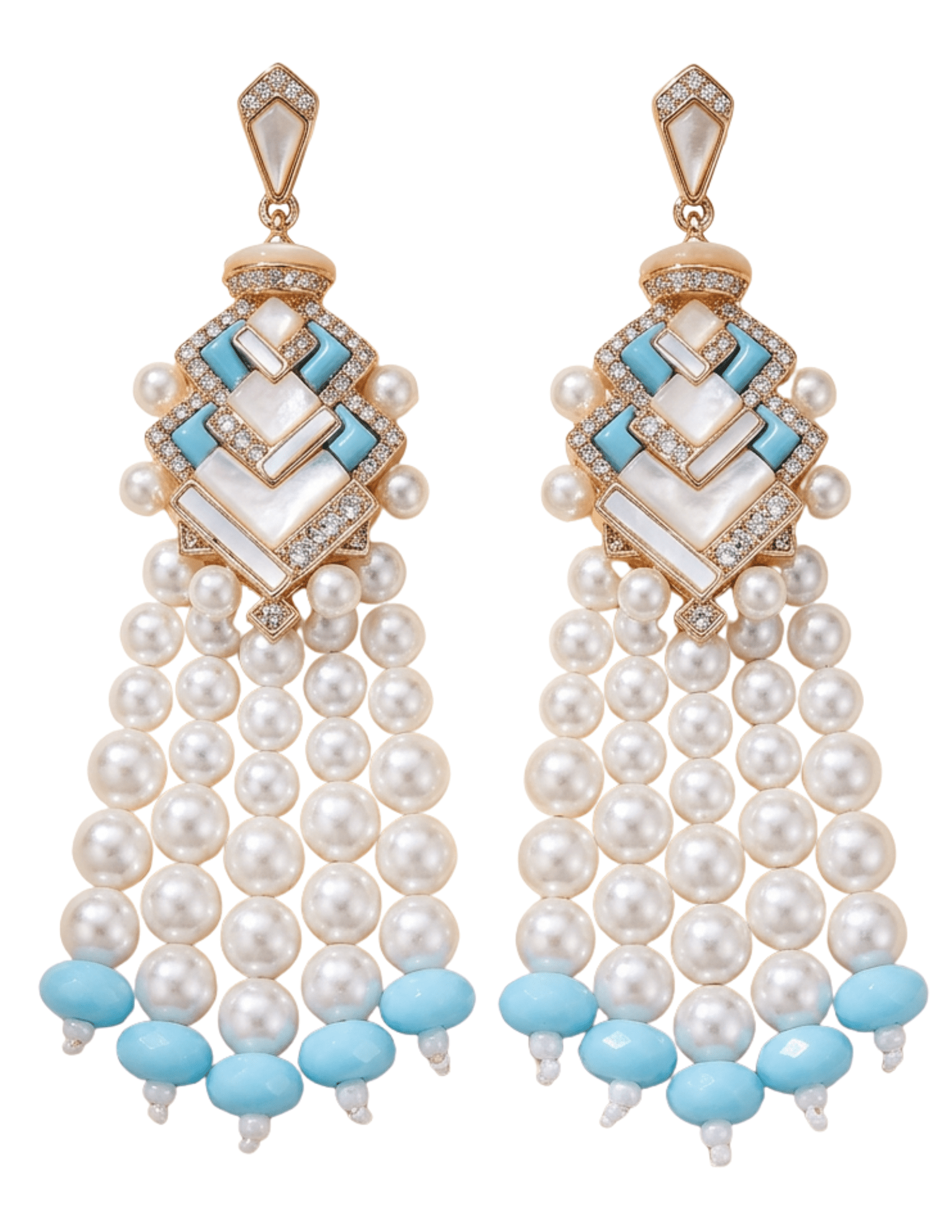 Fleur de Camélia Briar tassel earrings in light blue and ivory featuring faux pearl tassels, mother-of-pearl accents, and Art Deco-inspired detailing.