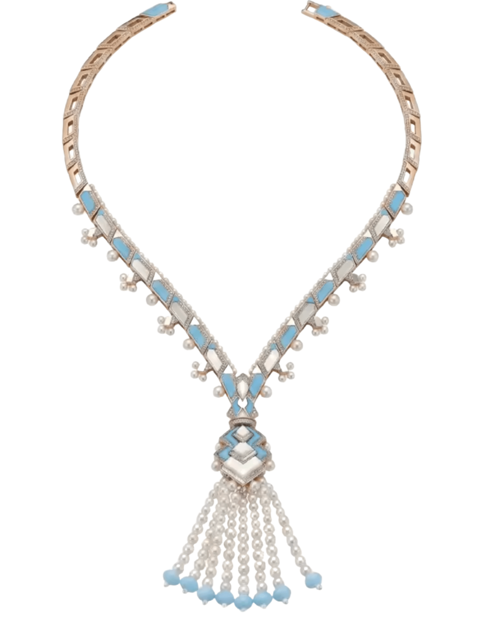 Fleur de Camélia Briar tassel necklace in light blue and ivory featuring faux pearl tassels, mother-of-pearl details, and an Art Deco-inspired V-shaped design.