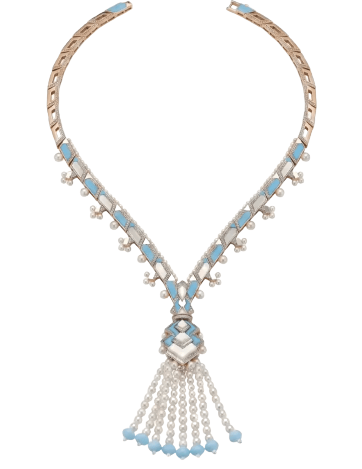 Fleur de Camélia Briar tassel necklace in light blue and ivory featuring faux pearl tassels, mother-of-pearl details, and an Art Deco-inspired V-shaped design.