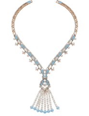 Fleur de Camélia Briar tassel necklace in light blue and ivory featuring faux pearl tassels, mother-of-pearl details, and an Art Deco-inspired V-shaped design.