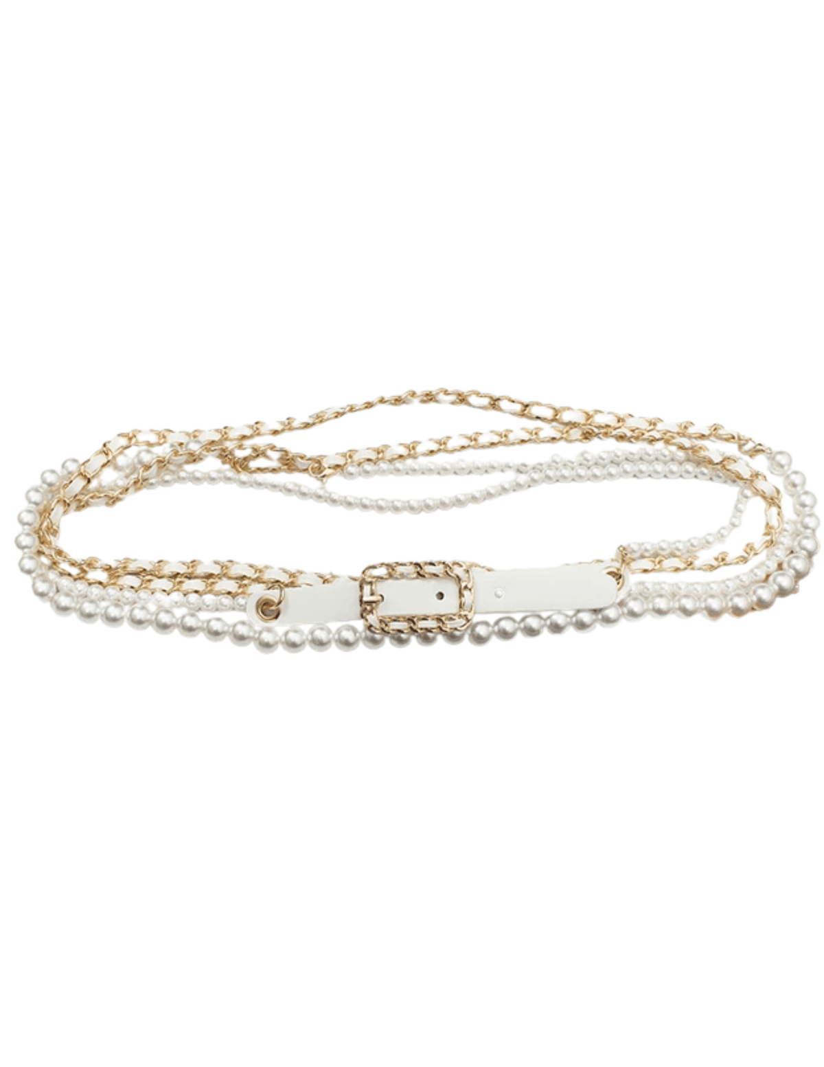 Fleur de Camélia Caity Pearl Chain Wrap Belt in white faux leather and gold-tone chain with pearl bead accents flat