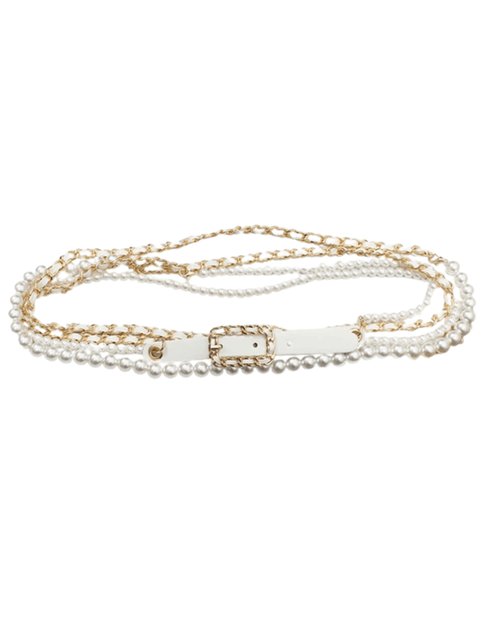 Fleur de Camélia Caity Pearl Chain Wrap Belt in white faux leather and gold-tone chain with pearl bead accents flat