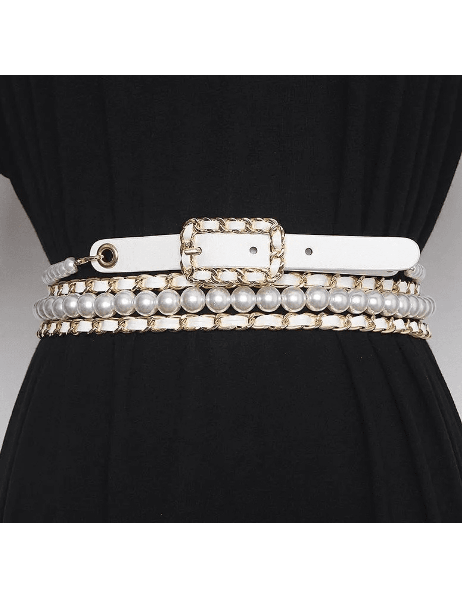 Fleur de Camélia Caity Pearl Chain Wrap Belt in white faux leather and gold-tone chain with pearl bead accents styled