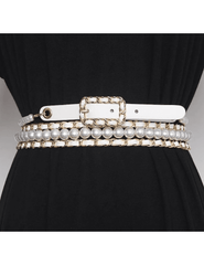 Fleur de Camélia Caity Pearl Chain Wrap Belt in white faux leather and gold-tone chain with pearl bead accents styled