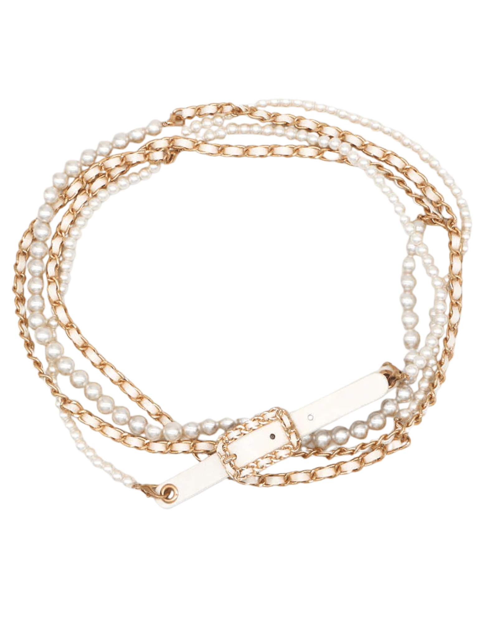 Fleur de Camélia Caity Pearl Chain Wrap Belt in white faux leather and gold-tone chain with pearl bead accents