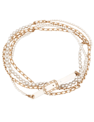 Fleur de Camélia Caity Pearl Chain Wrap Belt in white faux leather and gold-tone chain with pearl bead accents
