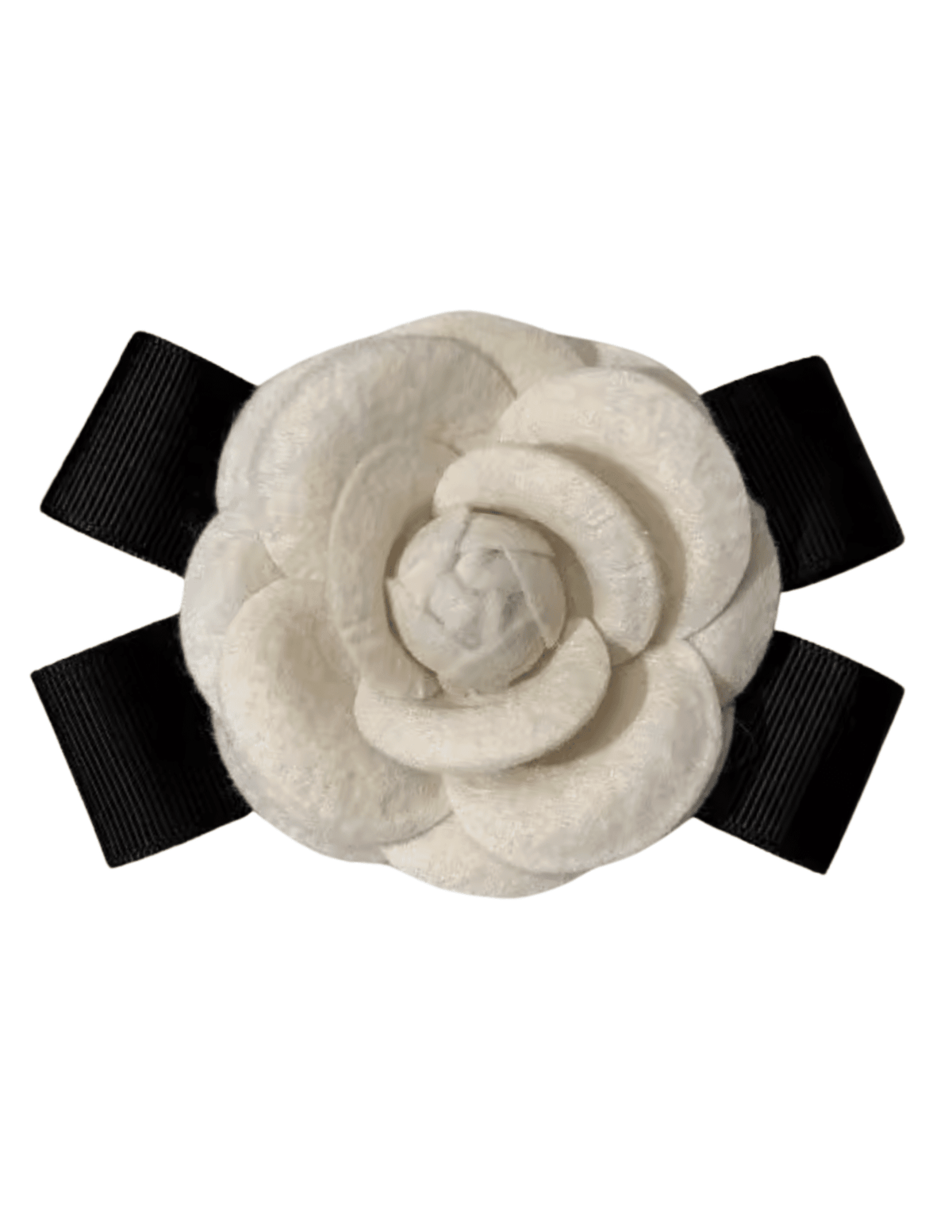 Fleur de Camélia camellia bow brooch with black grosgrain ribbon and white camellia flower