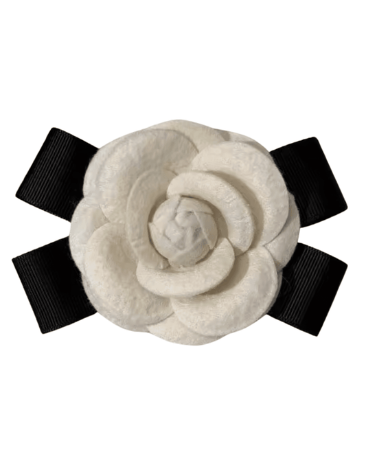 Fleur de Camélia camellia bow brooch with black grosgrain ribbon and white camellia flower