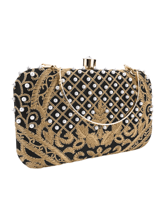 Black satin clutch with gold embroidery and pearl embellishments