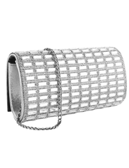 Back angle of silver Fleur de Camélia Cici Rhinestone Clutch with detachable chain strap