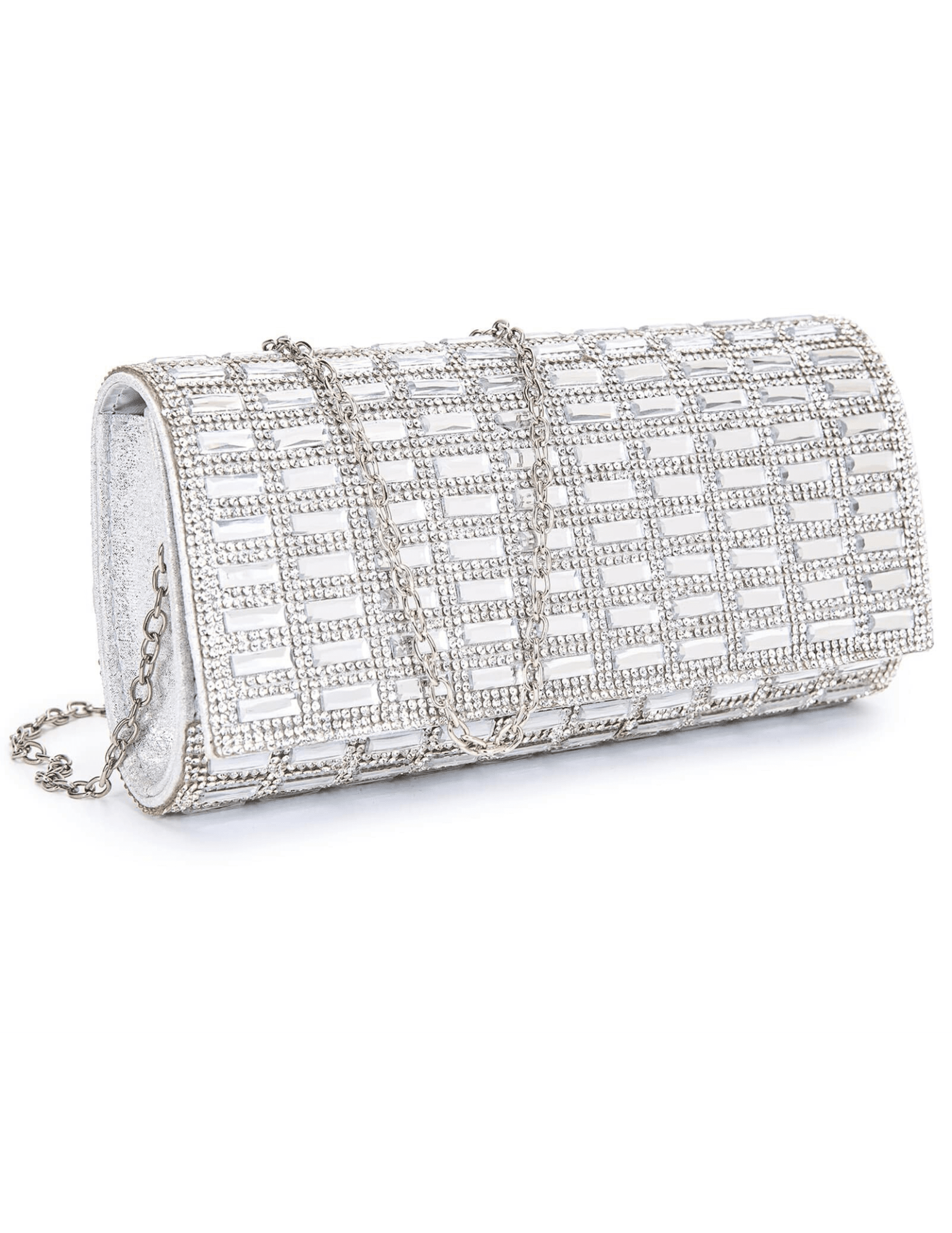 Side angle of silver Fleur de Camélia Cici Rhinestone Clutch with detachable chain strap