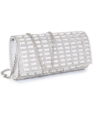 Side angle of silver Fleur de Camélia Cici Rhinestone Clutch with detachable chain strap