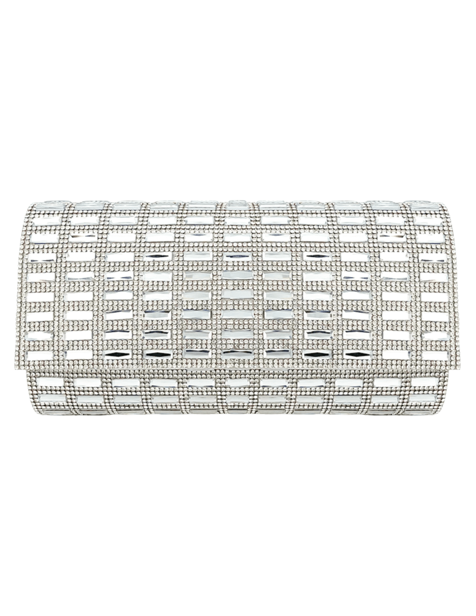 Fleur de Camélia Cici Rhinestone Evening Clutch in silver with mirrored rhinestone panels, front view