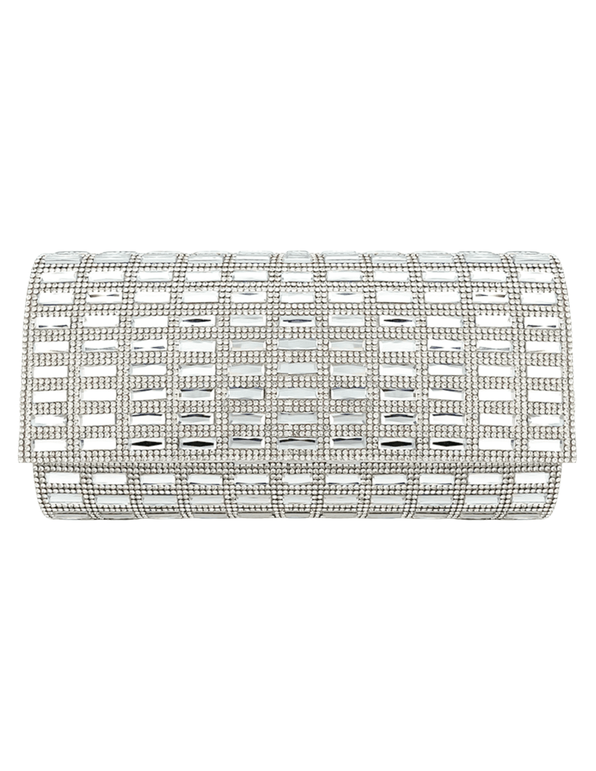 Fleur de Camélia Cici Rhinestone Evening Clutch in silver with mirrored rhinestone panels, front view