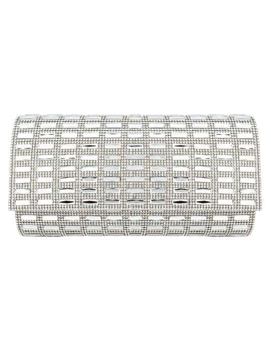 Fleur de Camélia Cici Rhinestone Evening Clutch in silver with mirrored rhinestone panels, front view