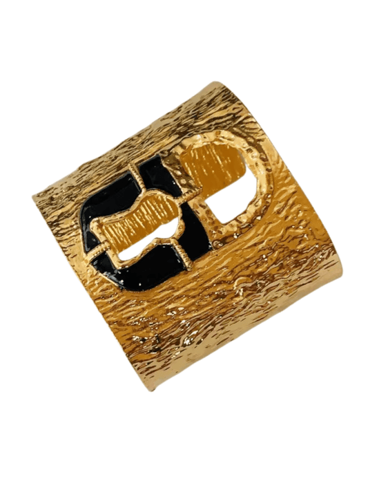 Fleur de Camélia Claire Abstract Gold Cuff Bracelet with Black Resin Lock Detail