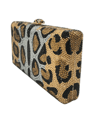 Fleur de Camélia Cleo Rhinestone Clutch in Leopard with allover sparkle side
