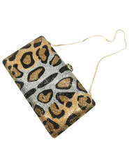 Fleur de Camélia Cleo Rhinestone Clutch in Leopard with allover sparkle with chain.