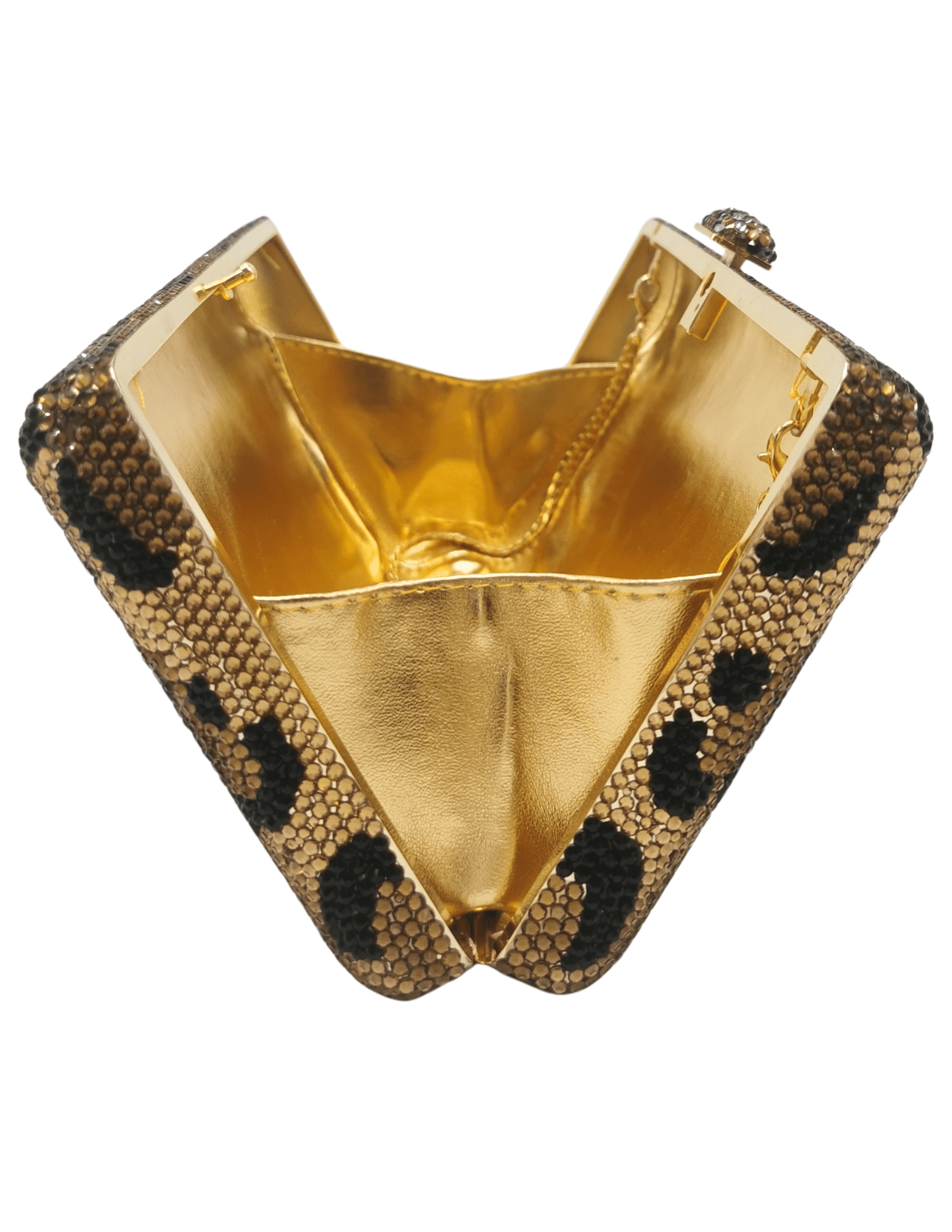 Fleur de Camélia Cleo Rhinestone Clutch in Leopard with allover sparkle open
