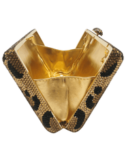 Fleur de Camélia Cleo Rhinestone Clutch in Leopard with allover sparkle open
