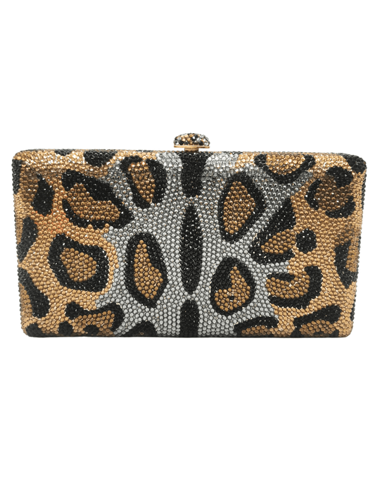Fleur de Camélia Cleo Rhinestone Clutch in Leopard with allover sparkle