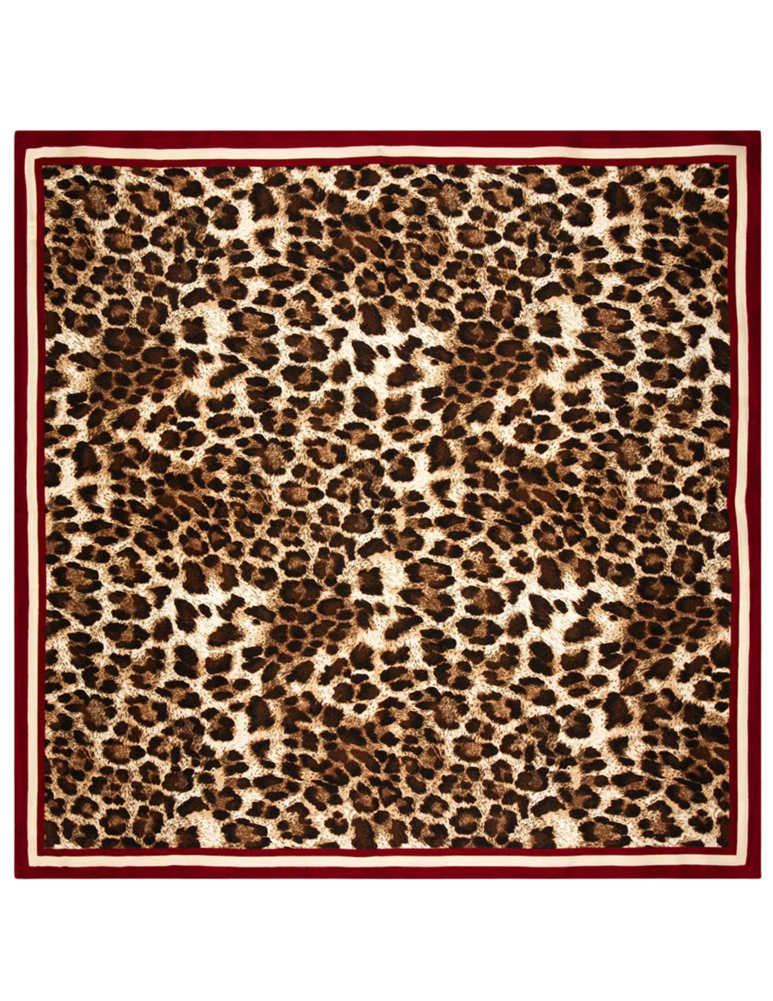 Fleur de Camélia Donna Leopard Print Scarf in Burgundy with square silk satin design.