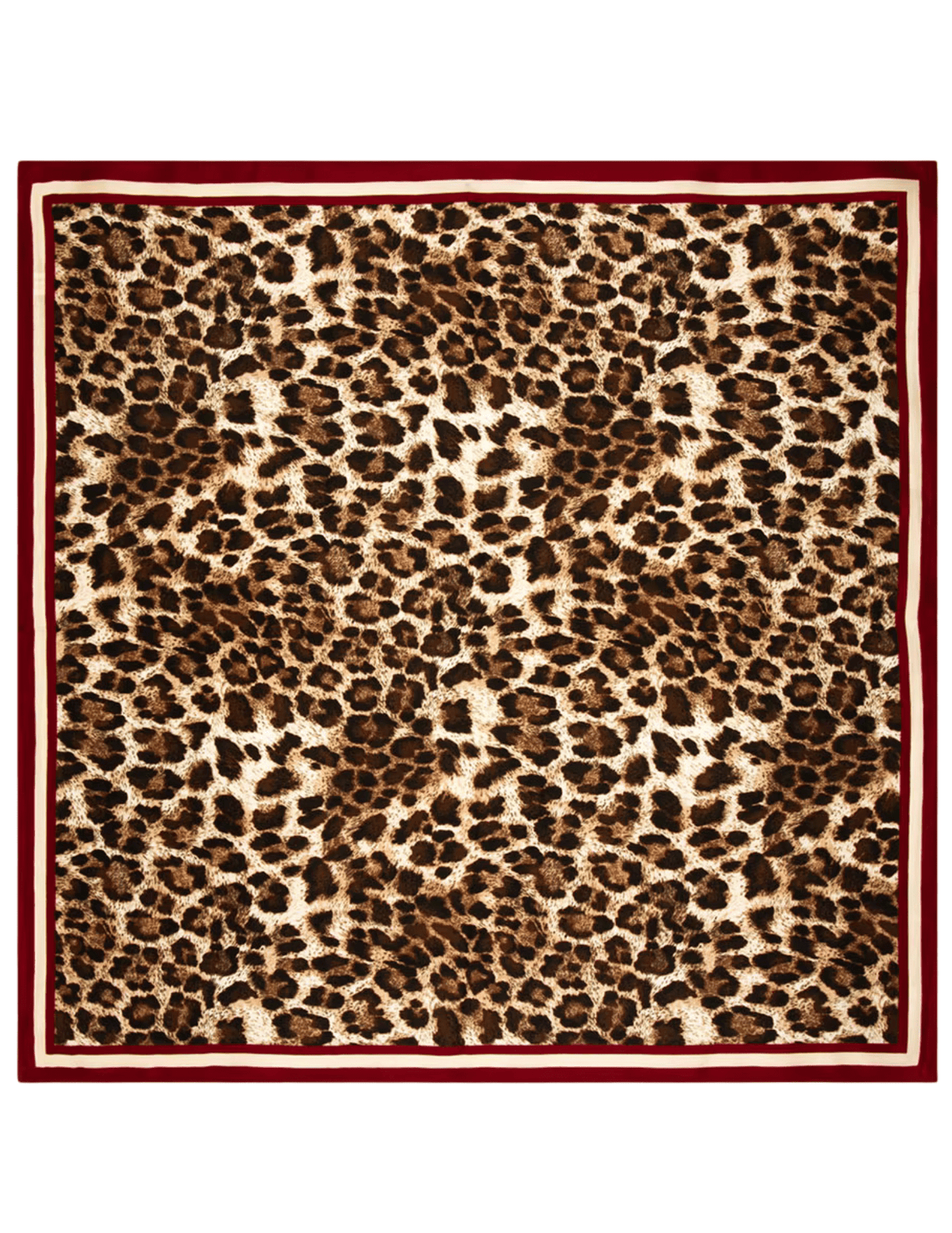 Fleur de Camélia Donna Leopard Print Scarf in Burgundy with square silk satin design.
