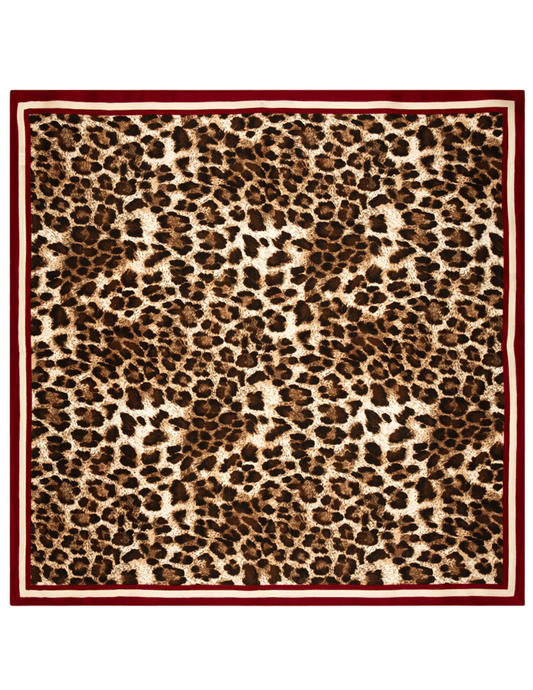 Fleur de Camélia Donna Leopard Print Scarf in Burgundy with square silk satin design.