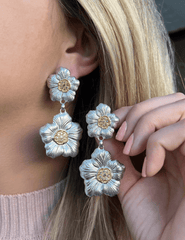 Fleur de Camélia Marion two tone flower statement earrings on model