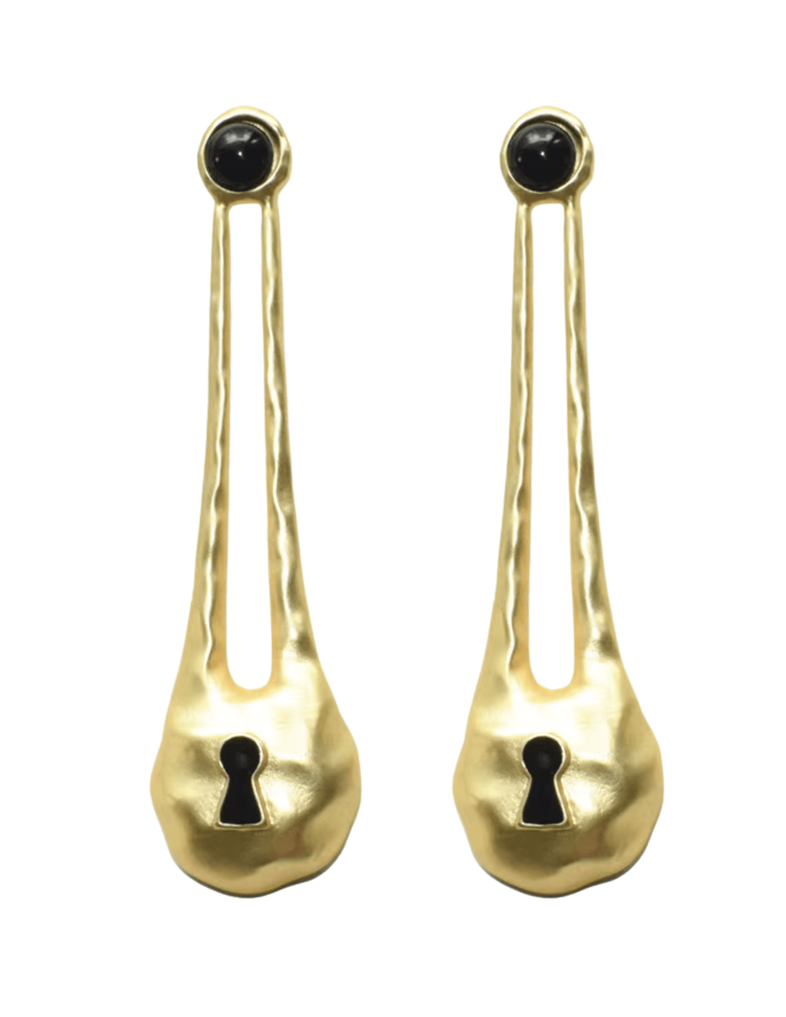 Fleur de Camélia Emmy Padlock Earrings in matte gold with black resin detail front view