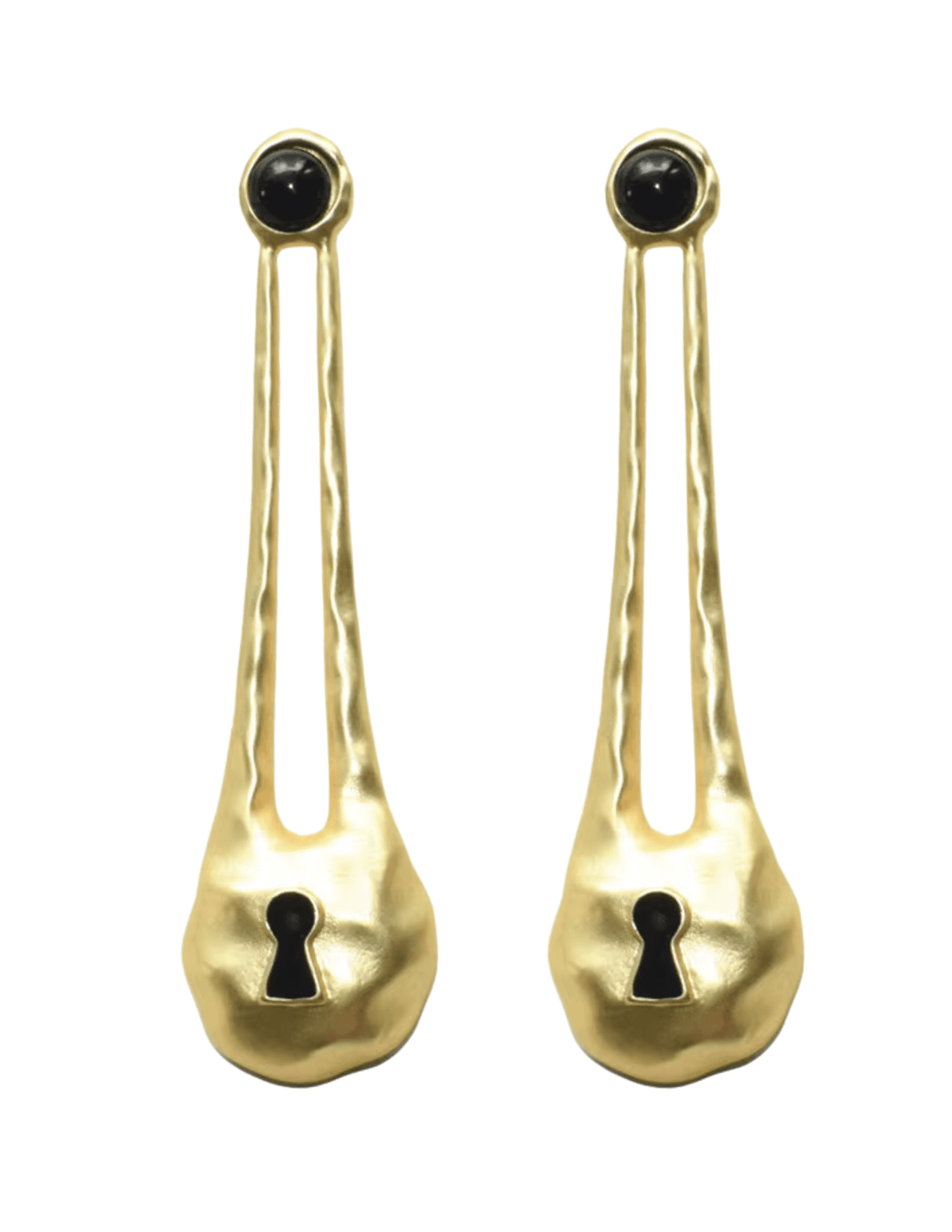 Fleur de Camélia Emmy Padlock Earrings in matte gold with black resin detail front view