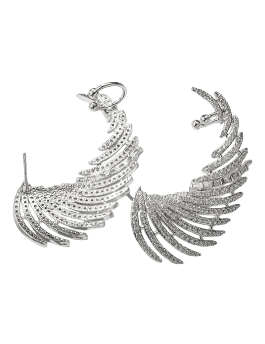 Silver feather-shaped earrings on a white background