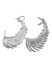 Silver feather-shaped earrings on a white background