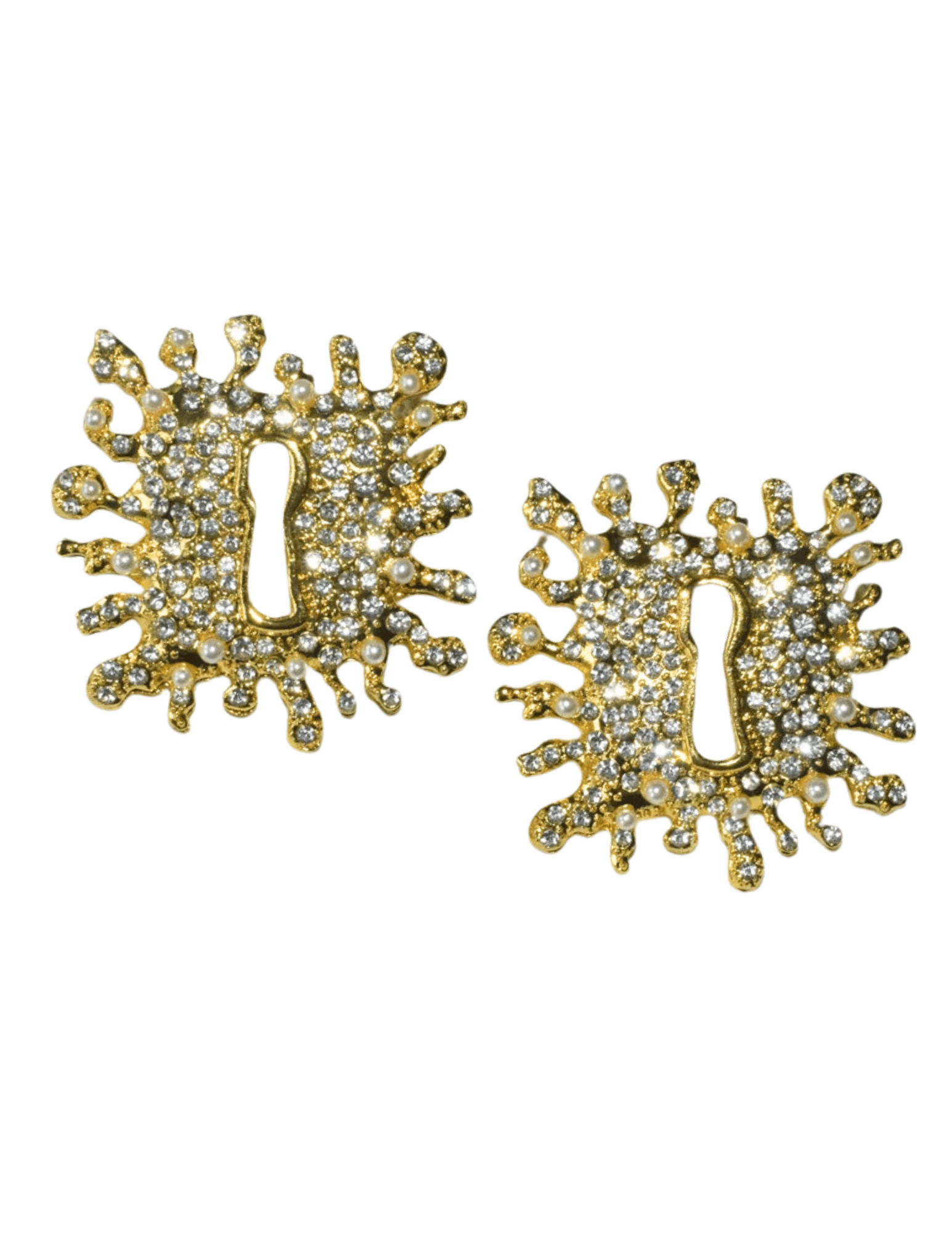 Fleur de Camélia Gigi gold keyhole earrings with rhinestone and pearl-inspired embellishments