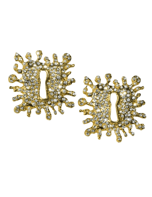 Fleur de Camélia Gigi gold keyhole earrings with rhinestone and pearl-inspired embellishments