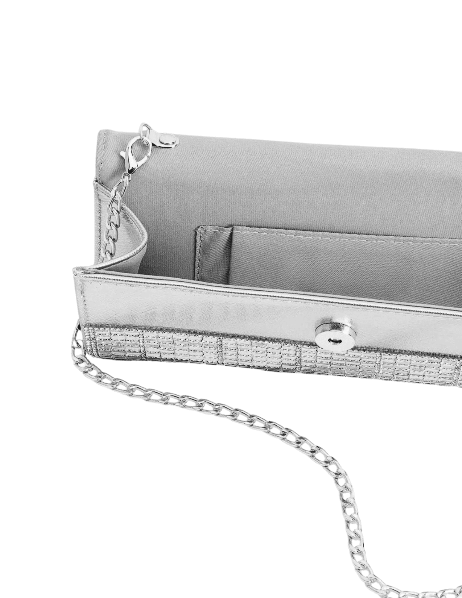 Fleur de Camélia Glinda Rhinestone Evening Clutch in silver with mirrored rhinestone panels inside