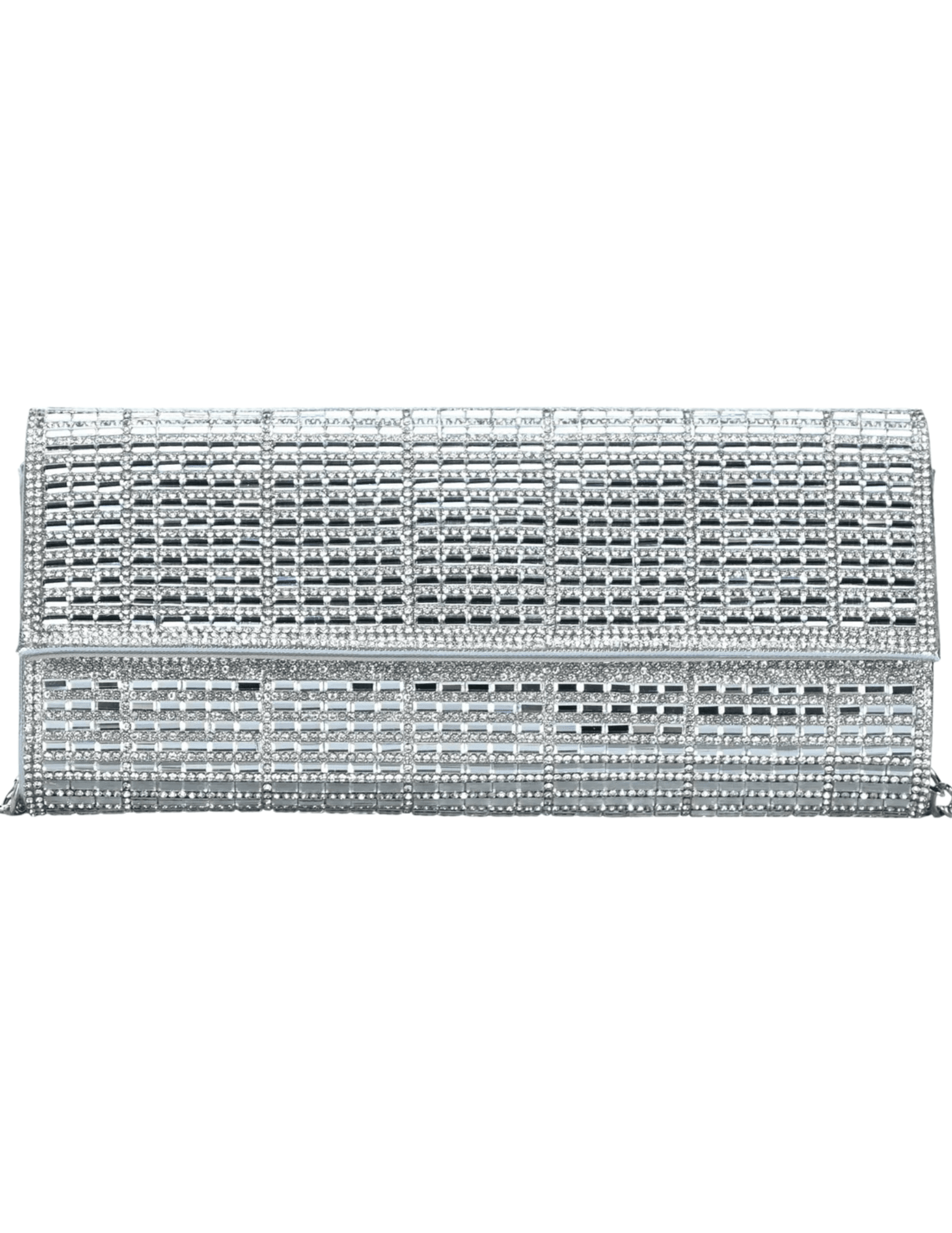Fleur de Camélia Glinda Rhinestone Evening Clutch in silver with mirrored rhinestone panels