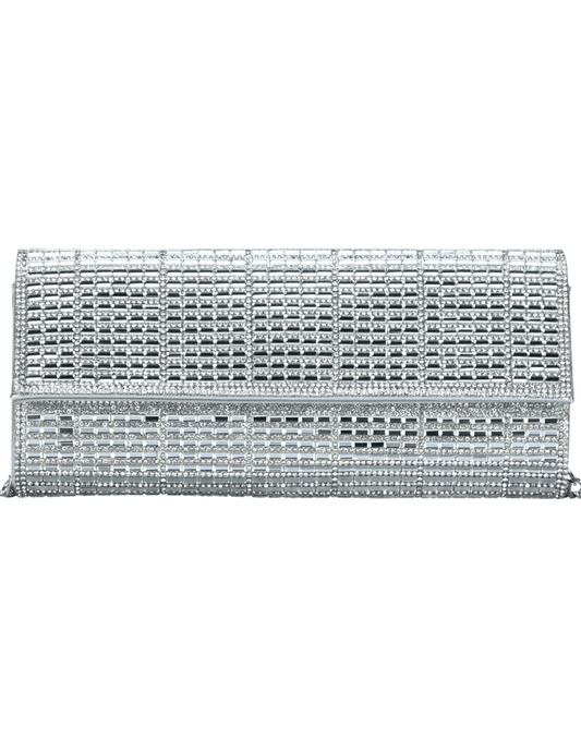 Fleur de Camélia Glinda Rhinestone Evening Clutch in silver with mirrored rhinestone panels