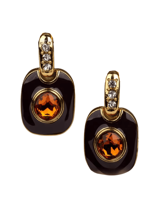 Fleur de Camélia Greta Geometric Earrings in gold brown amber with resin medallions