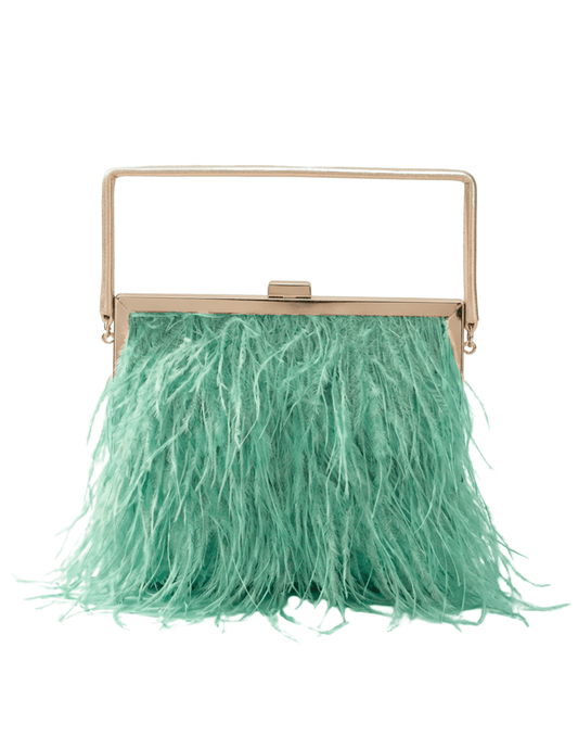 Fleur de Camélia Jenna Ostrich Feather Handbag in Green with gold hardware