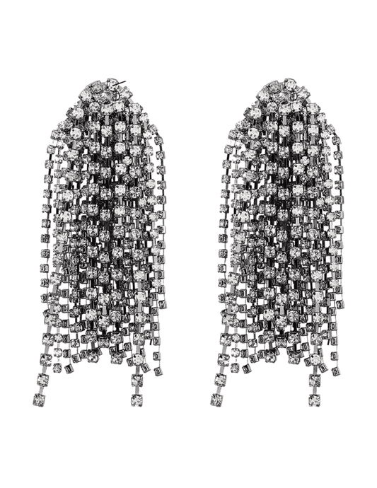 Front view of Fleur de Camélia Juliana Rhinestone Earrings in graphite with cascading tassels