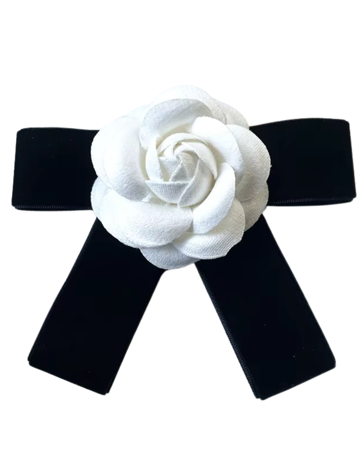 Fleur de Camélia Kathy Velvet Bow Ribbon Brooch featuring a black velvet ribbon with a white camellia flower appliqué and metal bar pin closure.