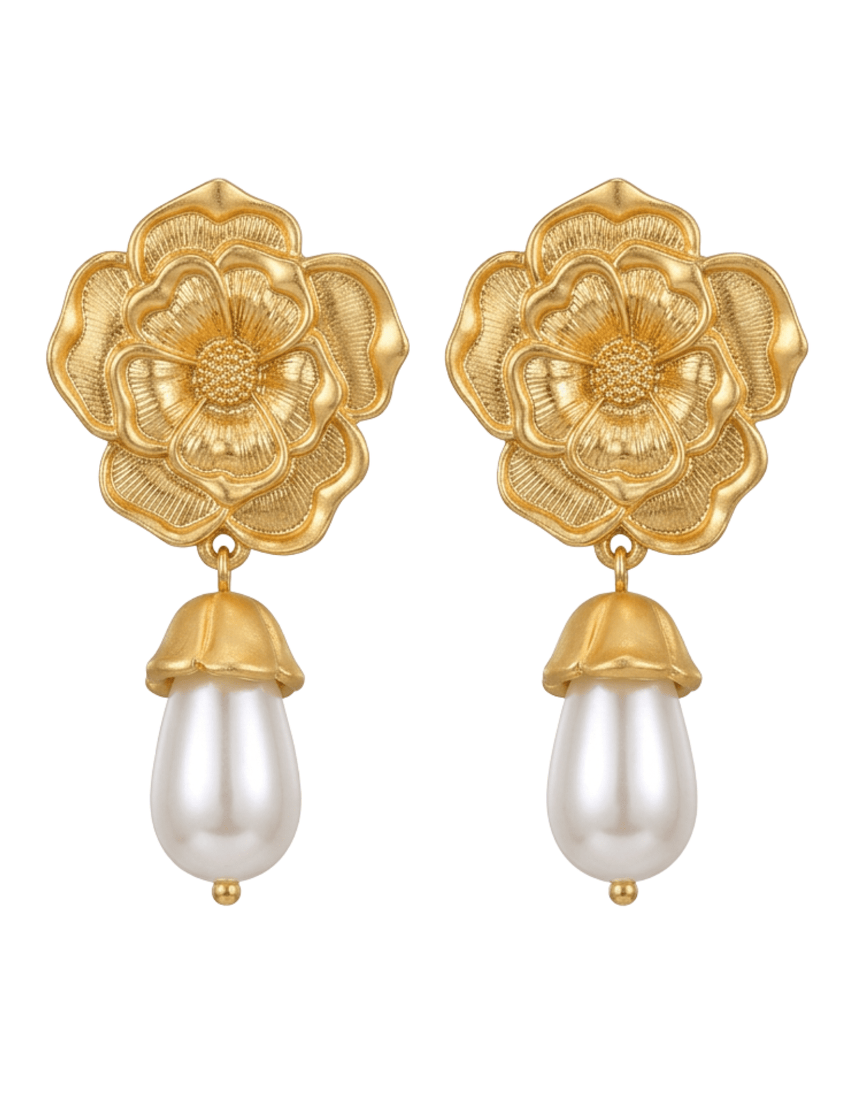 Fleur de Camélia Lala flower earrings in gold with pearl drop