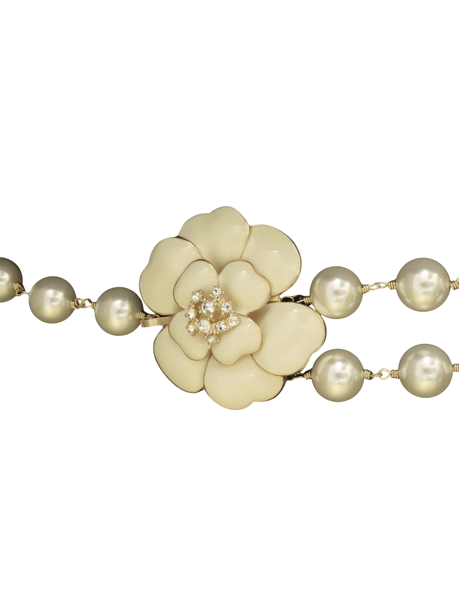 Ivory pearl chain belt with rhinestone camellia pendant and gold-tone metal details