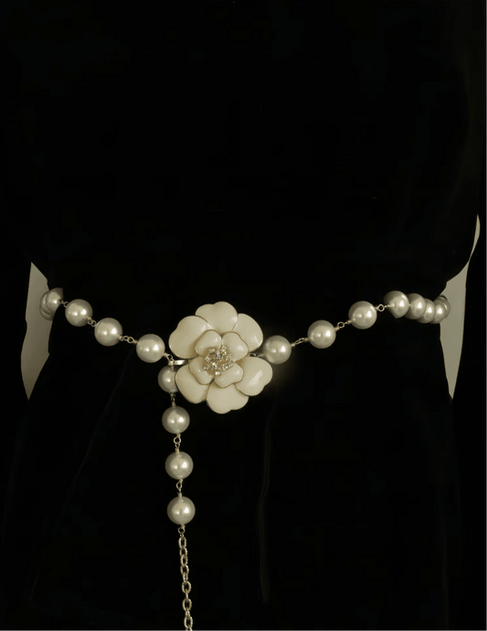 Ivory pearl chain belt with rhinestone camellia pendant and gold-tone metal details