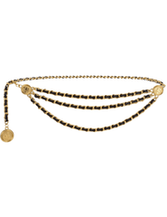 Fleur de Camélia black leather gold chain triple chain belt with coin charms and adjustable chain closure