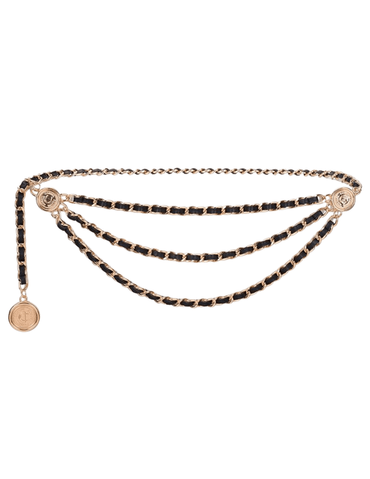 Fleur de Camélia black leather rose gold chain triple chain belt with coin charms and adjustable chain closure