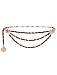 Fleur de Camélia black leather rose gold chain triple chain belt with coin charms and adjustable chain closure